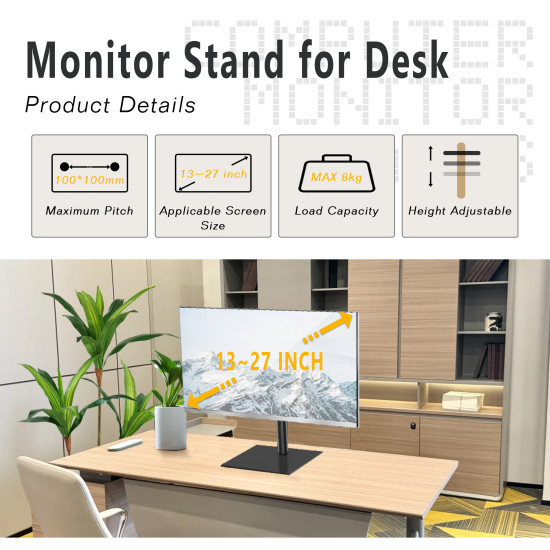 Computer Monitor Arms, Adjustable Single Monitor Mount with 45° Tilt, Compatible with 13-27 Inch TV & Computer Screens, 8kg Capacity, Black