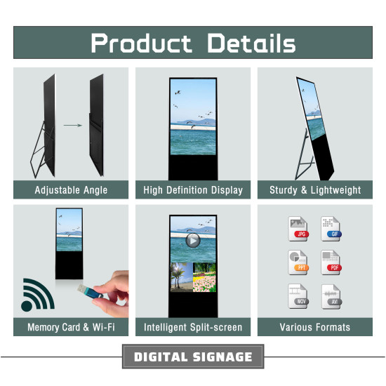 43-Inch High-Definition Digital Display Screen, Digital Signage, Split-Screen Function And Wi-Fi Connection, Suitable For Commercial And Retail Sectors, Portable, Posters, Indoor And Outdoo