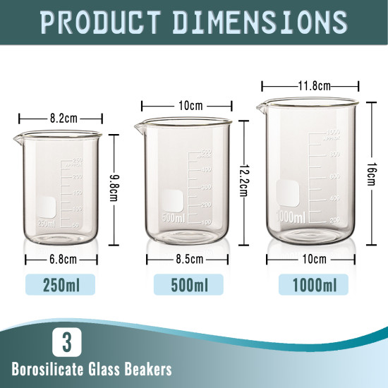 Borosilicate Glass Beaker Set,Heat Safe & Acid Resistant Lab Glassware,3 Sizes (250ml, 500ml, 1000ml) with Clear Graduations for Chemistry & Science Supplies