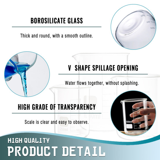 Borosilicate Glass Beaker Set,Heat Safe & Acid Resistant Lab Glassware,3 Sizes (250ml, 500ml, 1000ml) with Clear Graduations for Chemistry & Science Supplies
